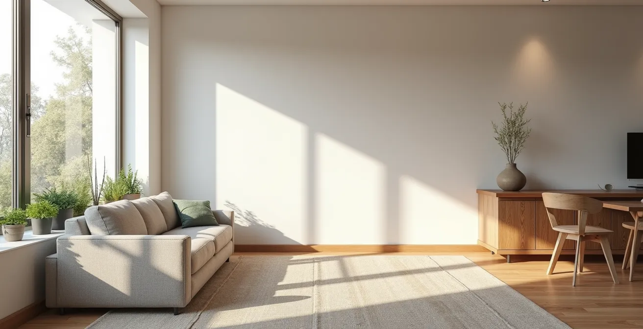 Vue d'ensemble d'un intérieur moderne d'appart-hôtel avec espace de vie lumineux