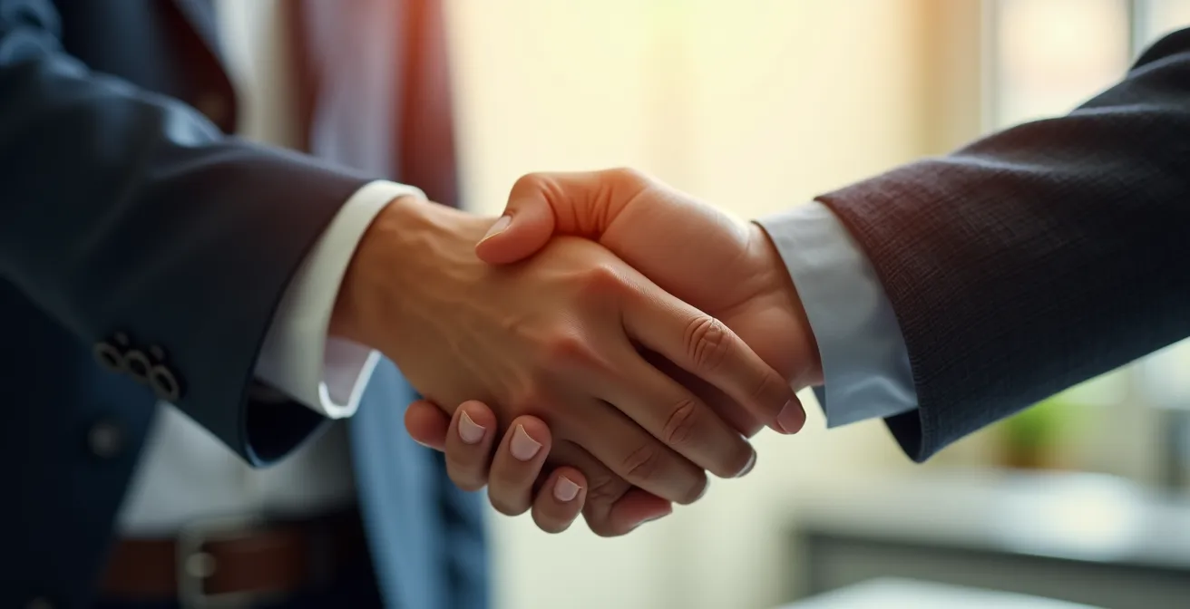 Gros plan sur des mains professionnelles échangeant une poignée de main