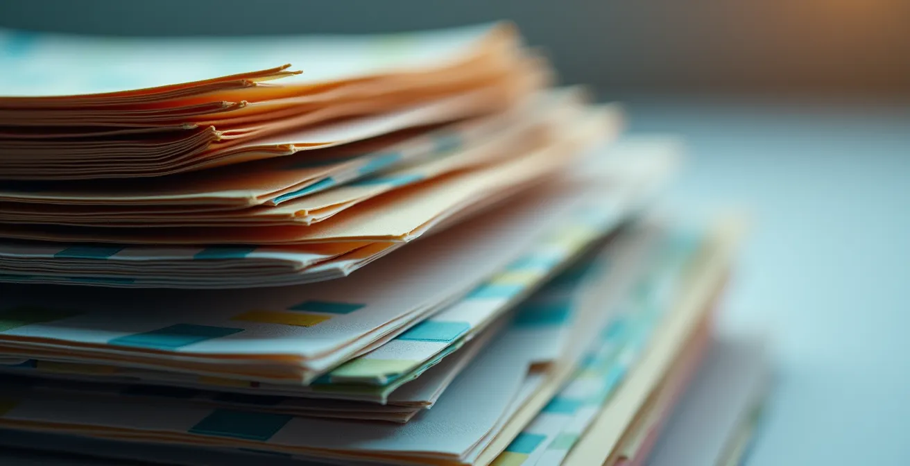 Détail en macro d'une pile de papiers administratifs avec texture visible