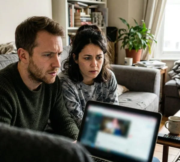 Un couple de trentenaires assis sur un canapé gris regarde ensemble un ordinateur portable dans leur salon lumineux, expressions concentrées et légèrement inquiètes