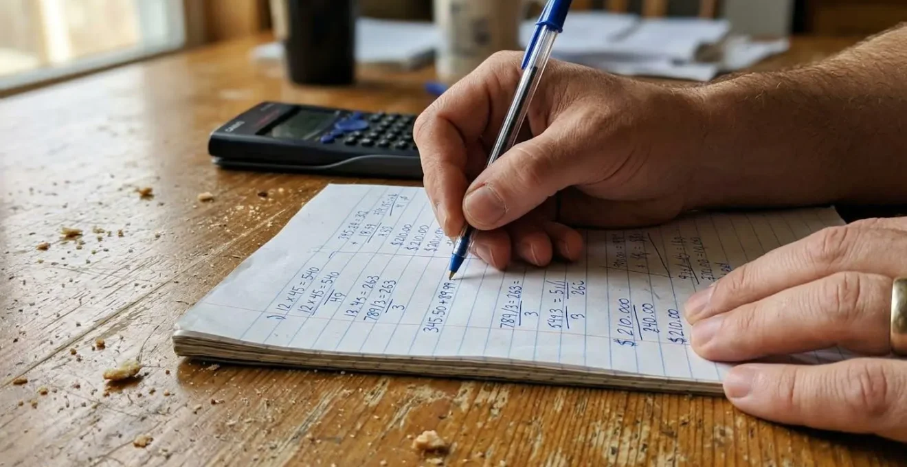 Des mains tiennent un stylo au-dessus d'une feuille couverte de calculs manuscrits, avec une calculatrice visible en flou sur une table de cuisine ordinaire