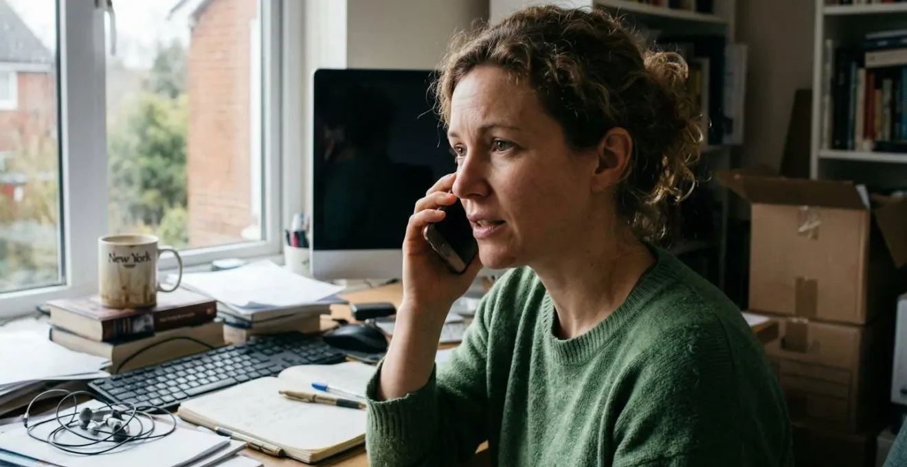 Une personne vue de profil tient un téléphone contre son oreille dans un bureau à domicile réaliste, expression de discussion professionnelle concentrée